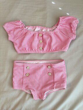 Janie And Jack Girls Bubblegum Pink Stripe Seersucker Two-Piece Swimsuit Size 3T